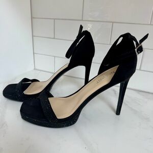 Nine West Black Strappy Stiletto Heels • Size 9.5 • Rhinestone Platform Pumps